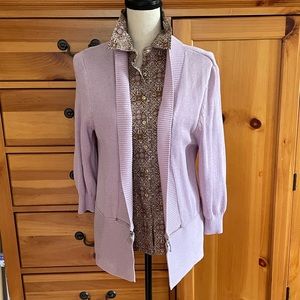 L, lavender sweater. Adorned with 2 silver zippers. 0 flaws